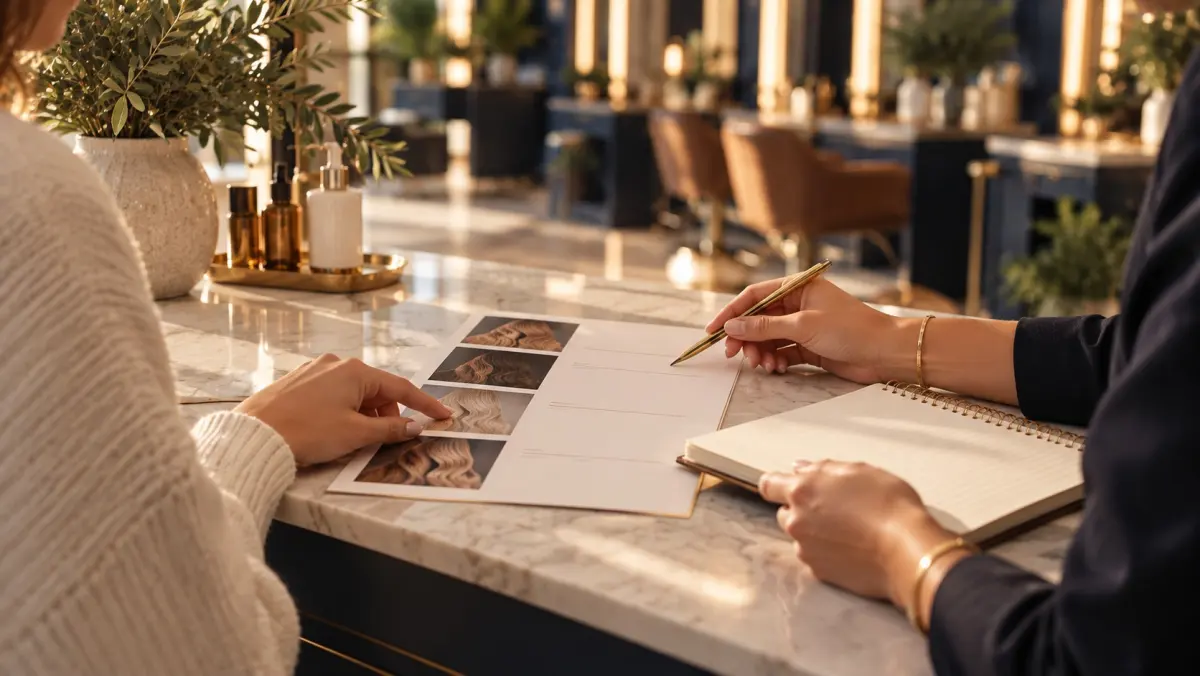 Two people reviewing a salon service menu and notes at a marble reception desk