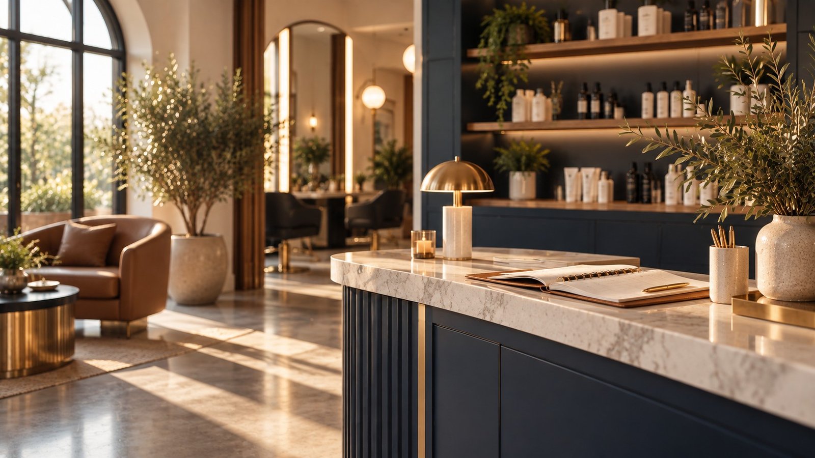 Salon reception desk with an open appointment book and retail shelves behind it